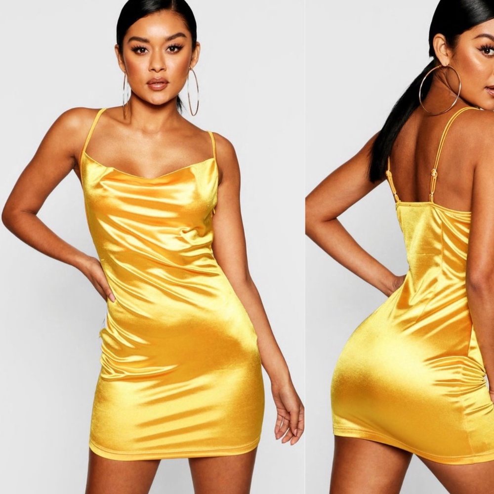 Boohoo Satin Mini Dress in Mustard Yellow / Gold
